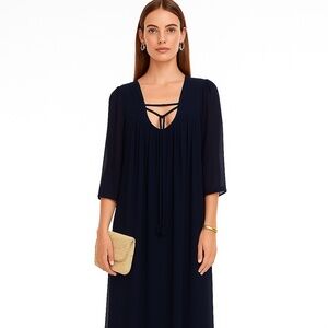 Tory Burch Navy Silk Chiffon Caftan Maxi Dress | Luxe Resort Boho